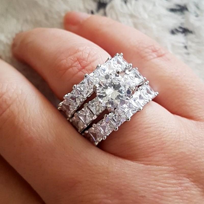 

Cluster Rings Handmade 3-in-1 Statement Ring Sets 100% 925 Sterling Silver Princess Cut Dimond Engagement Wedding Band For Women Jewelry, Golden;silver