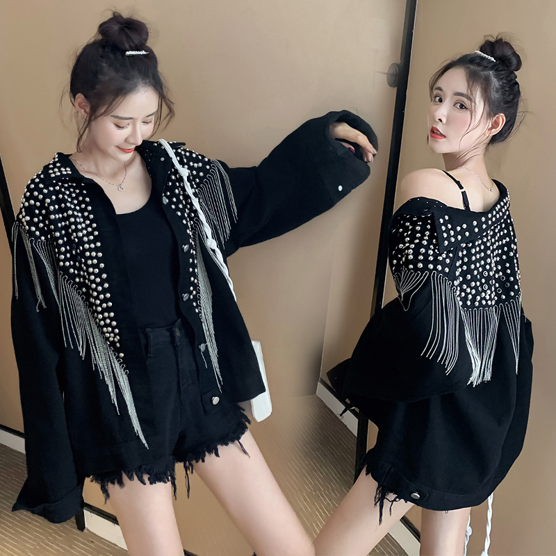 

2020 New female spring black women's fringed denim jacket girl