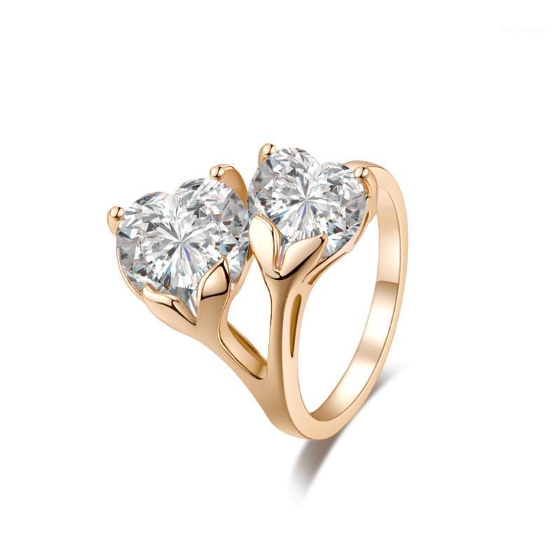 

Wedding Rings Luxury Austria Crystal Heart Leaf Metal Ring For Women Girl Engagement Show Elegant Jewelry Drop, Slivery;golden