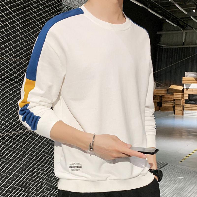 

Black White Solid Color Men Casual Sweatshirts Patchwork O-Neck Hoodies Spring Autumn Young Student Tops Male Fashion Pullovers, White 1073