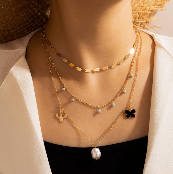 

Brling New 2020 Fashion ins vintage Chain Pendant Choker Simple cactus flower pearl Alloy Necklace for women Girls Gifts Party