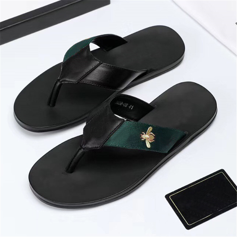 

2021 Fashion Black Soft Leather Sandals Mules Bees Summers Slide Slippery Flat Chain Sandals Wide T-bar Casual Beach Slip Sandals With Box, Color 1