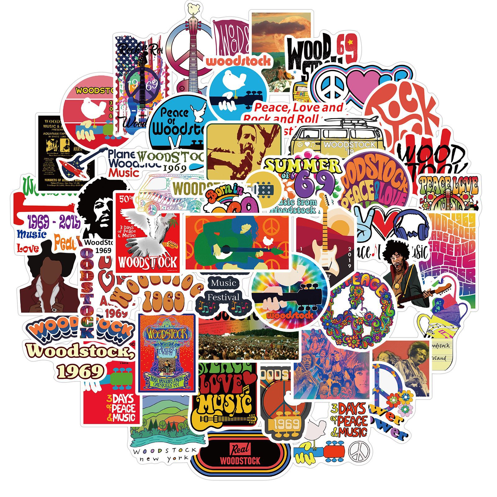 

50 PCS Car Stickers Woodstock Music Festival For Skateboard Laptop Helmet Pad Bicycle Bike Motorcycle PS4 Notebook Guitar PVC Fridge Decal, Multi colors