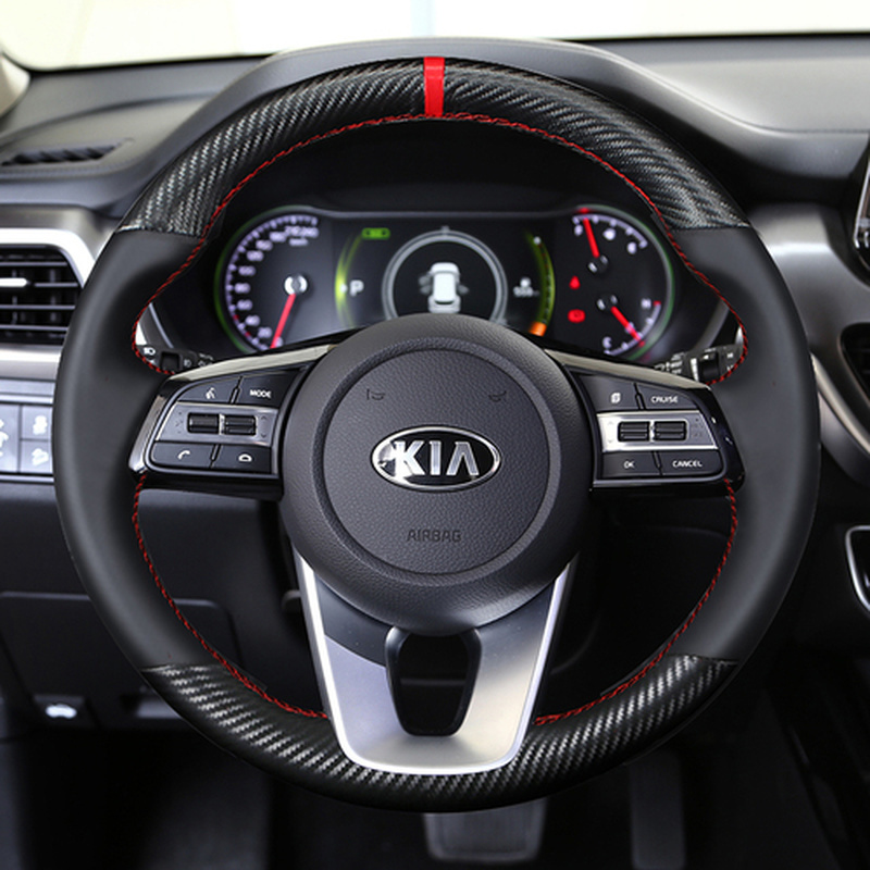 

For Kia K2 forte K5 KX1 k3 sportage R K4 Pegas KX7 DIY custom hand-stitched leather carbon fiber steering wheel cover
