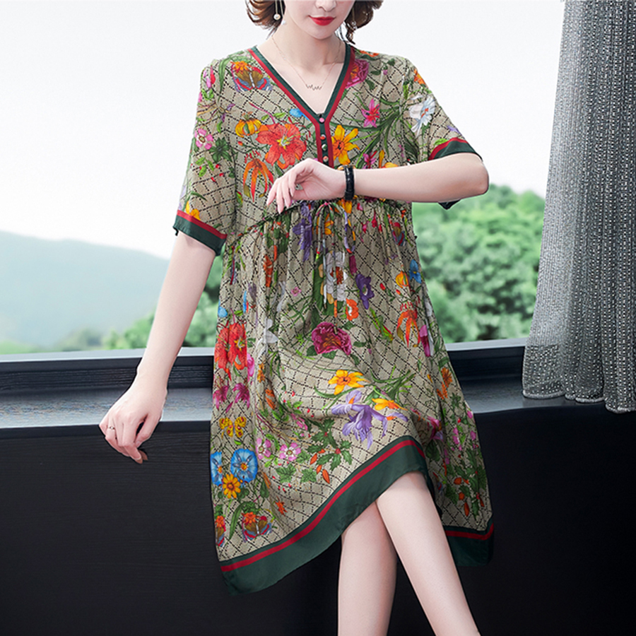 

2020 Summer High Quality Print Mulberry Silk Dress Fashion Vintage 4XL Plus Size Runway Midi Elegant Women Bodycon Vestido F1130, Black;gray