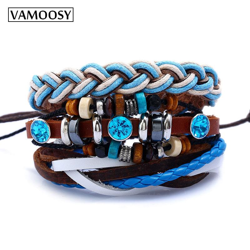 

2020 Fashion Weave Punk Vintage Cuff Beads blue crystal Charm Female Blue Leather Bracelets for women Men Jewelry Accessories