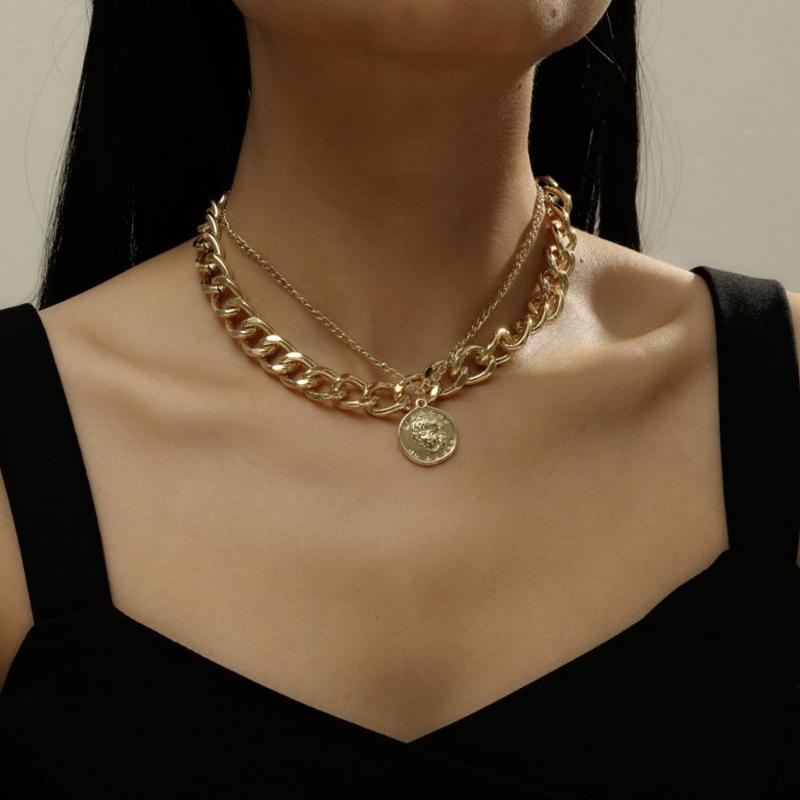 

Punk Miami Cuban Choker Necklace Colar Hip Hop Big Thick Chunky Chain Fashion Queen Coin Pendant Necklace Women Jewelry