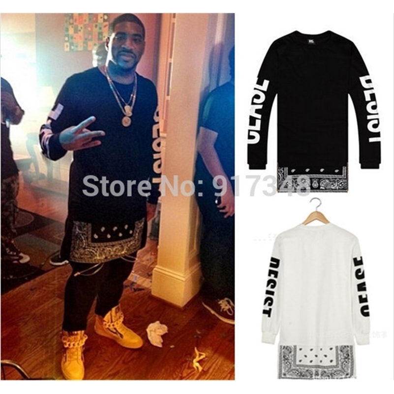 

Hip Hop Tee CEASE DESIST T-shirt Long Sleeve Bandana Print Mens T Shirt Hi-fashion Tee With Side Zipper Design 201117, Black
