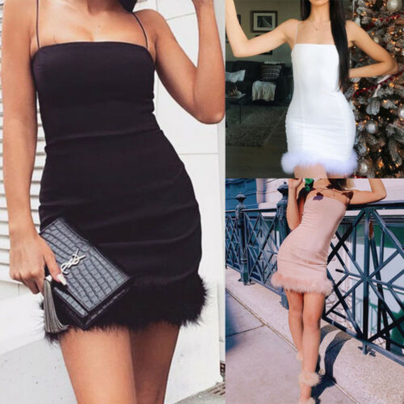 

Fashion Women Girl Summer Sexy Dresses Sleeveless Solid Fur Patchwork Skinny Mini Dress Club Party Feathers Strapless, Pink