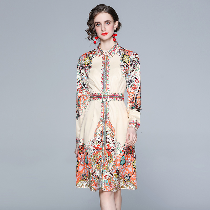 

2021 New Merchall Spring Autumn Fashion Shirt Women Long Sleeve Turn Down Neck Vintage Print Midi Casual Vestidos Q62h, Apricot flower color