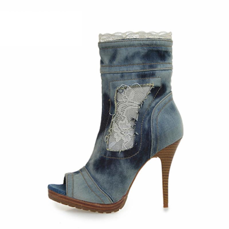 

Women Denim Ankle Boots Peep Toe Jean Botas Mujer Lace Women Platform Pumps High Heel Shoes Woman, Blue