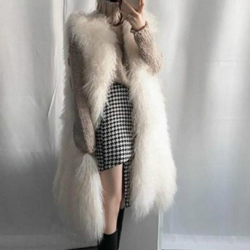 

Women Fur & Faux Autumn Winter Long Vest Coat White Black Furry Coats Solid Color Cardigan Vest Warm Velvet Sleeveless Jackets