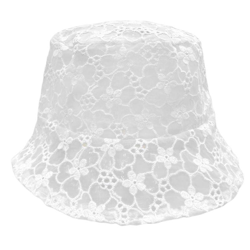 

Women Summer Hollow Out Wide Brim Bucket Hat Embroidery Floral Lace Solid Color Floppy Beach Vacation Fisherman Cap, White