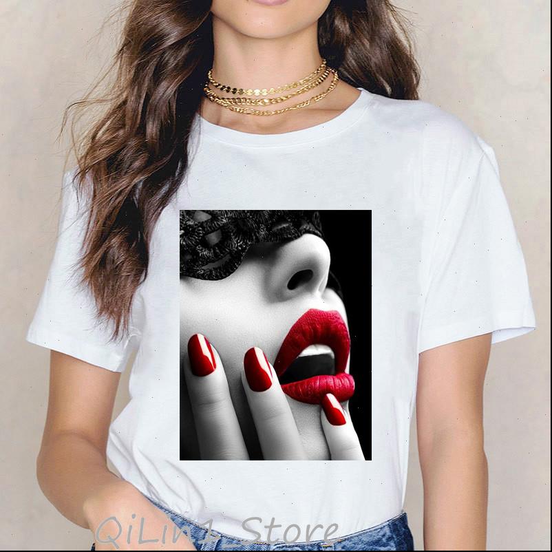 

red lip nail polish print vintage t shirt women vogue white tumblr tshirt 90s hipster streetwear aesthetic female t shirt