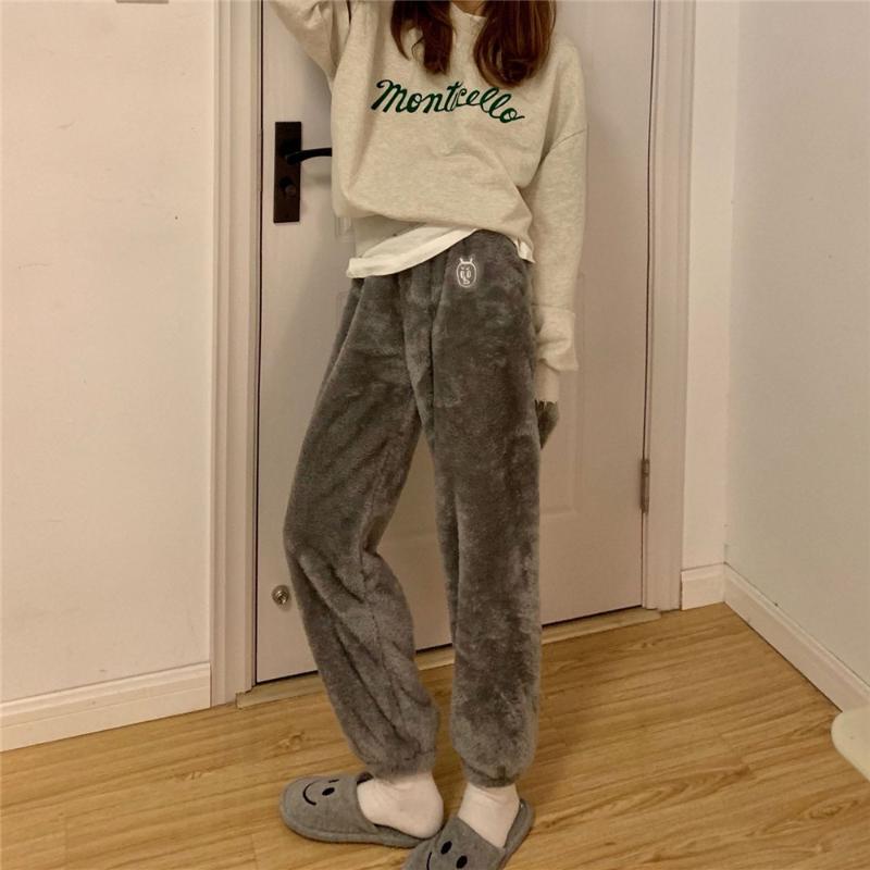 

Fashion Casual Women Autumn Winter Flannel Plush Fuzzy Pant Elastic Waist Loose Fluffy Workout Lounge Trouser Home Wear, Black
