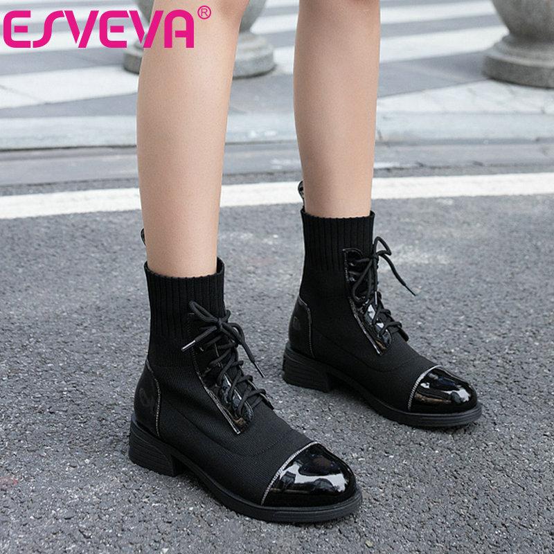 

ESVEVA 2021 Elegant PU Leather Ankle Boots Autumn Winter Round Toe Ladies Square Med Heel Elegant Women Shoes Big Size 34-43, Black