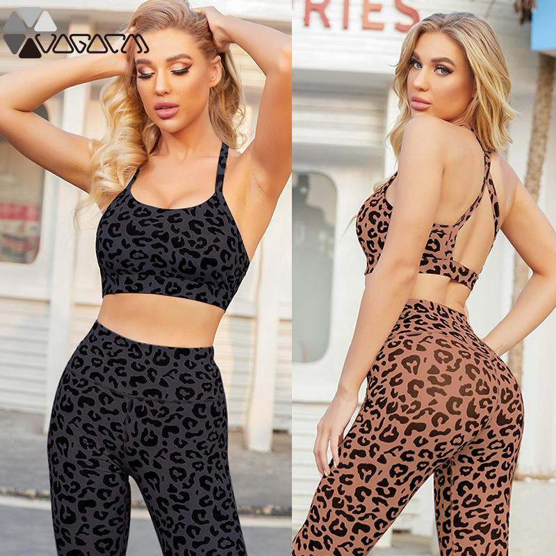 

Two Piece Set Women Yoga Leopard Print Backless Bra High Waist Leggings Sports Set Fitness Suit Gym Workout Clothes Tracksuit, Yellow