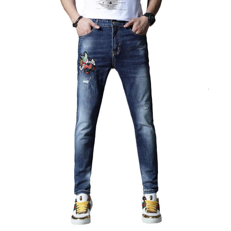 

2021 New Thin Brim for Men Embroidered Elastic Pants Cotton Hip Summer White Spring IE8Y, Blue