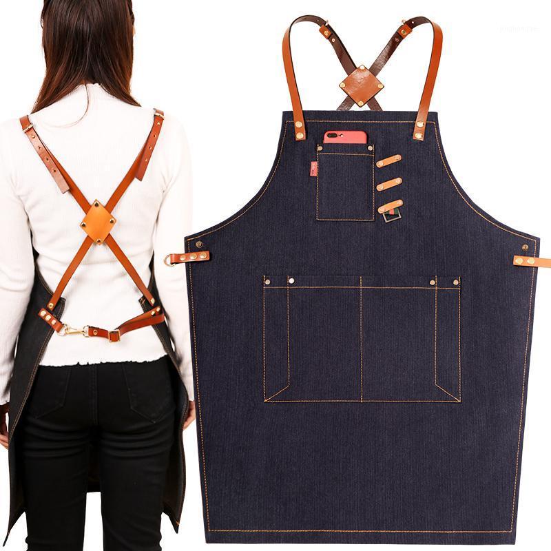 

Korean fashion kitchen denim apron coffee shop restaurant drawing men and women overalls children custom printed logo1