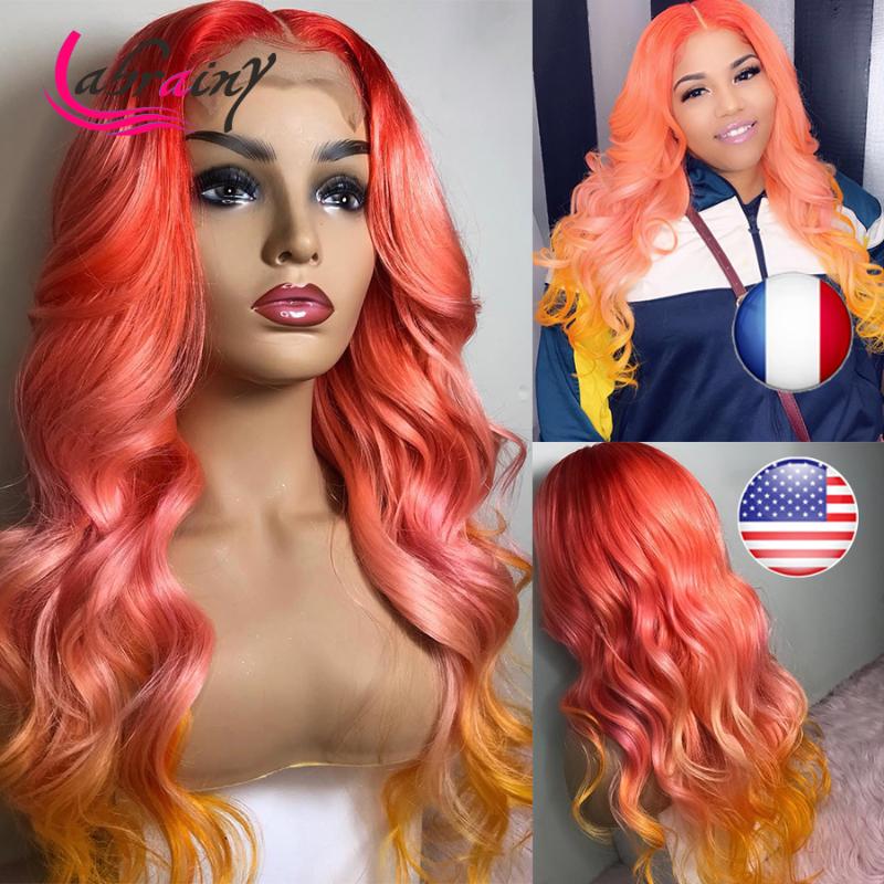 

Glueless Ombre Nacarat Pink Ginger Colored Body Wave Lace Front Wigs Full HD Transparent Human Hair Lace Frontal Wigs Brazilian, Black;brown