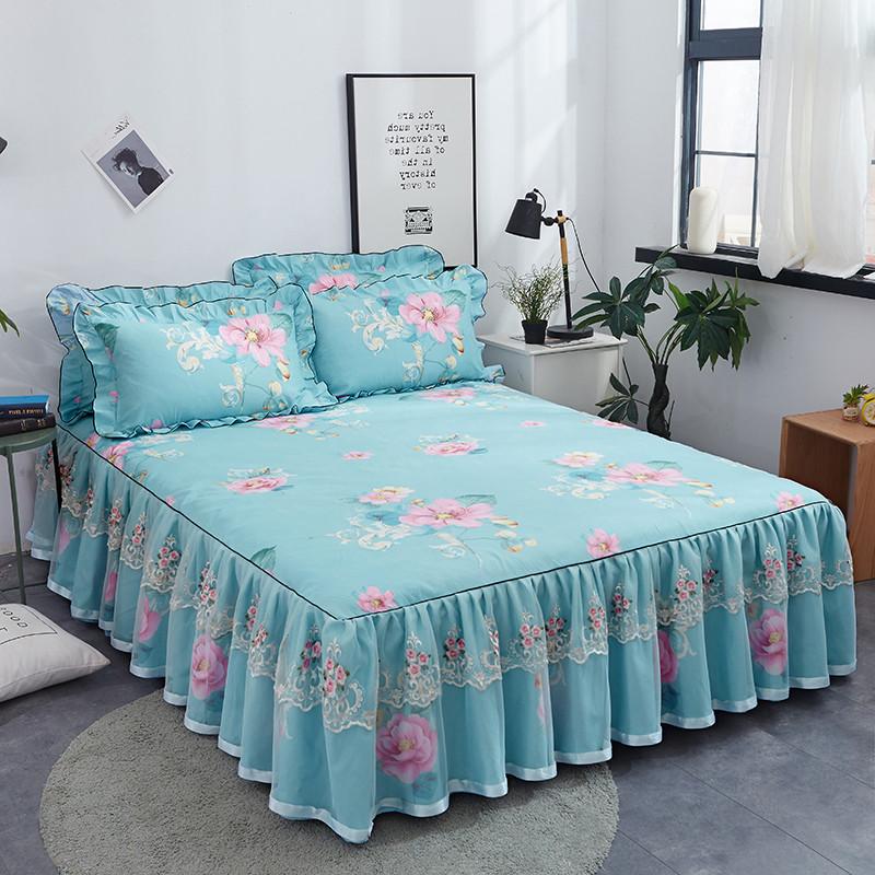 

Cotton Fashion Floral Bedspread Lace Sanding Thicken Bed Skirt King Queen Size Soft Comfortable Double Layer Fitted Sheet, Green