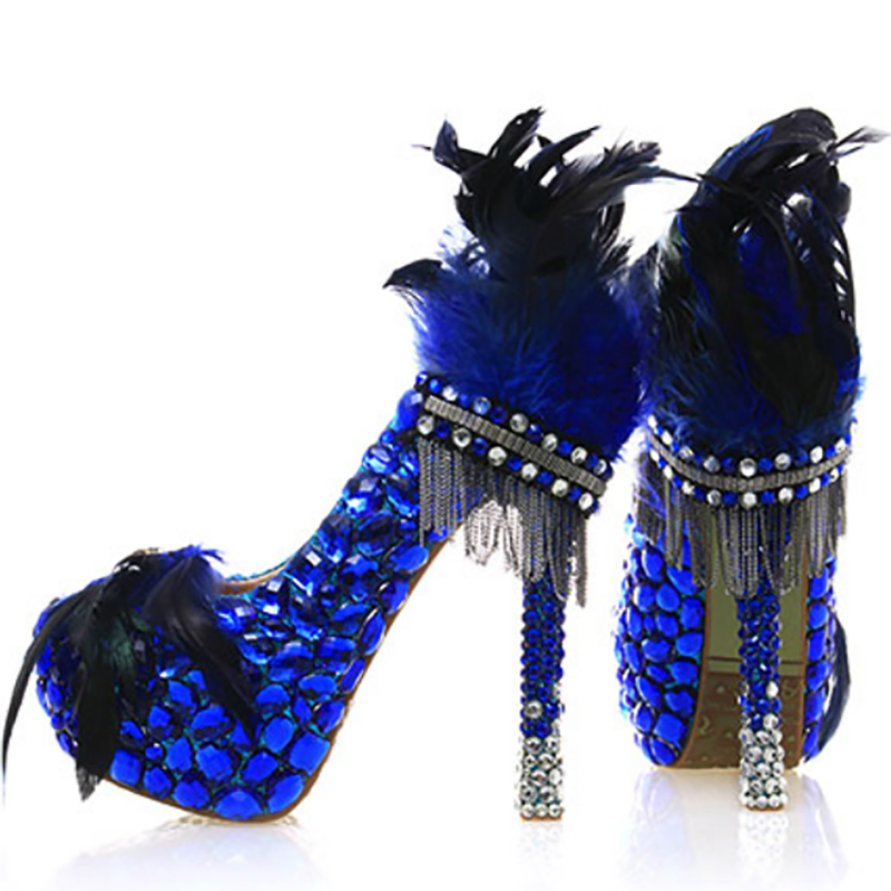 

Shoes Marriage Crystal Bride Royal Blue Platform Feminine Luxury Toe Pumps Sexy Heels Party Size 4oob, 14cm heel