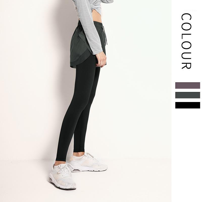 

New autumn and winter sports pants female fake two-piece pocket running fitness pants elastic tight tight thin and quick-drying1, Black