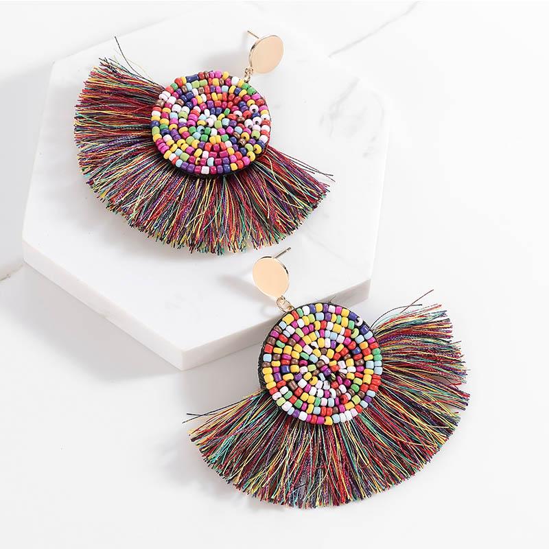 

Colorful Beaded Tassel Drop Earrings For Women Oversized fan-Shaped Round Geometric Earrings Boho Vintage Jewelry Holiday Gifts