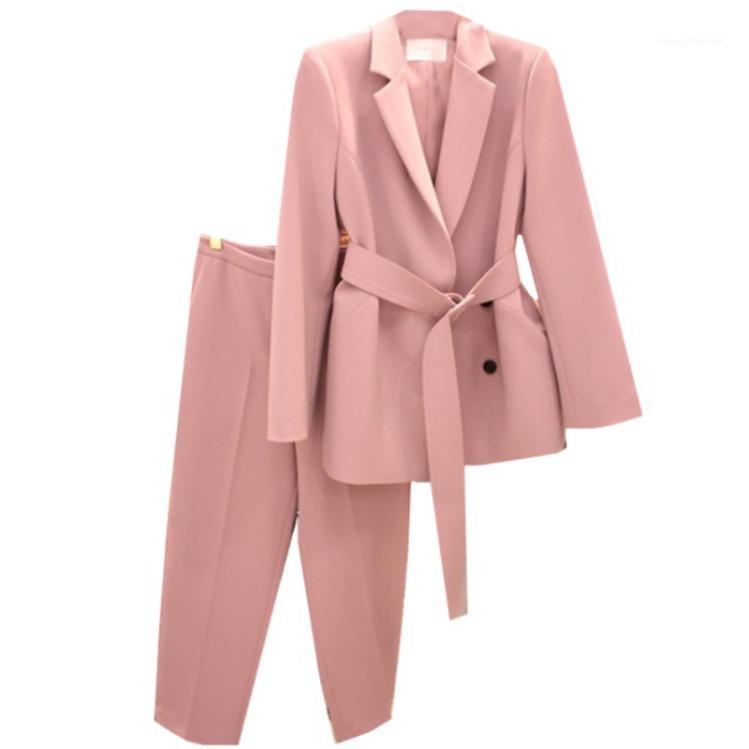 

2020 spring Autumn Women Lace Up Pant Suit Notched Blazer Jacket & Pant Office Wear Suits Sets1, White