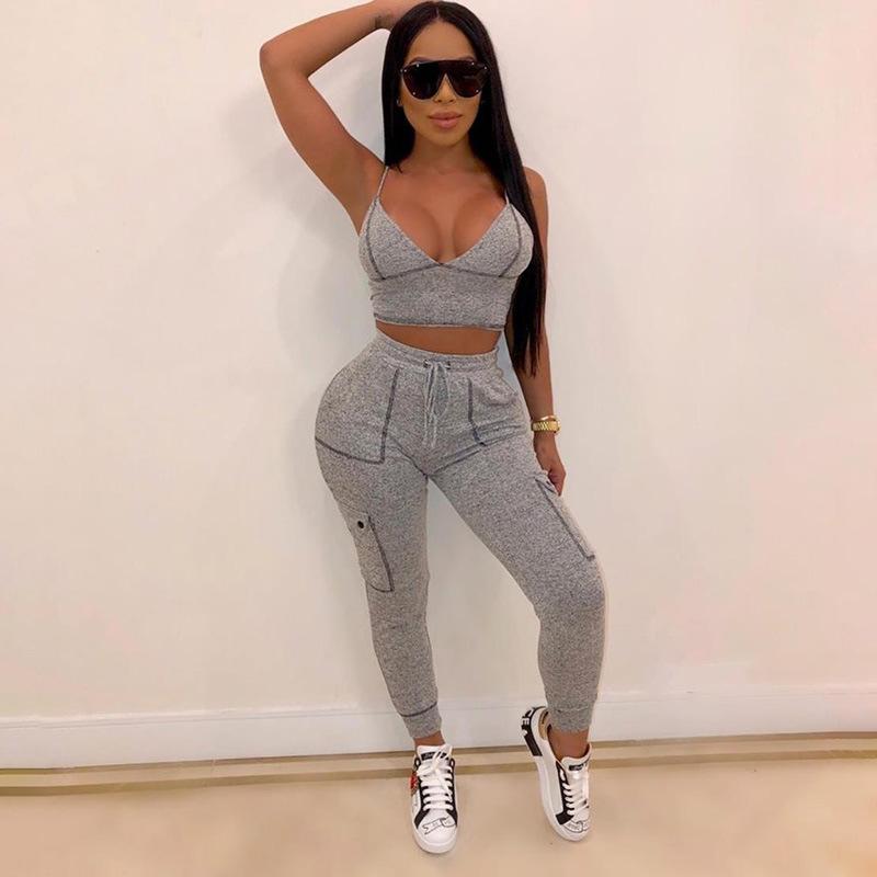 

Gray Sling V-neck Running Suit 2 Pieces Yoga Set Gym Fitness Suits 2020 Women Sportswear Autumn Sport Bra Long Pants With Pocket