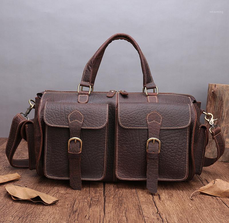 

Vintage Thicken Natural Cow Leather Men's Travel Bags Small Short Trip Travel Totes Fashion Design Cylinder Gym Bag1, Coffee
