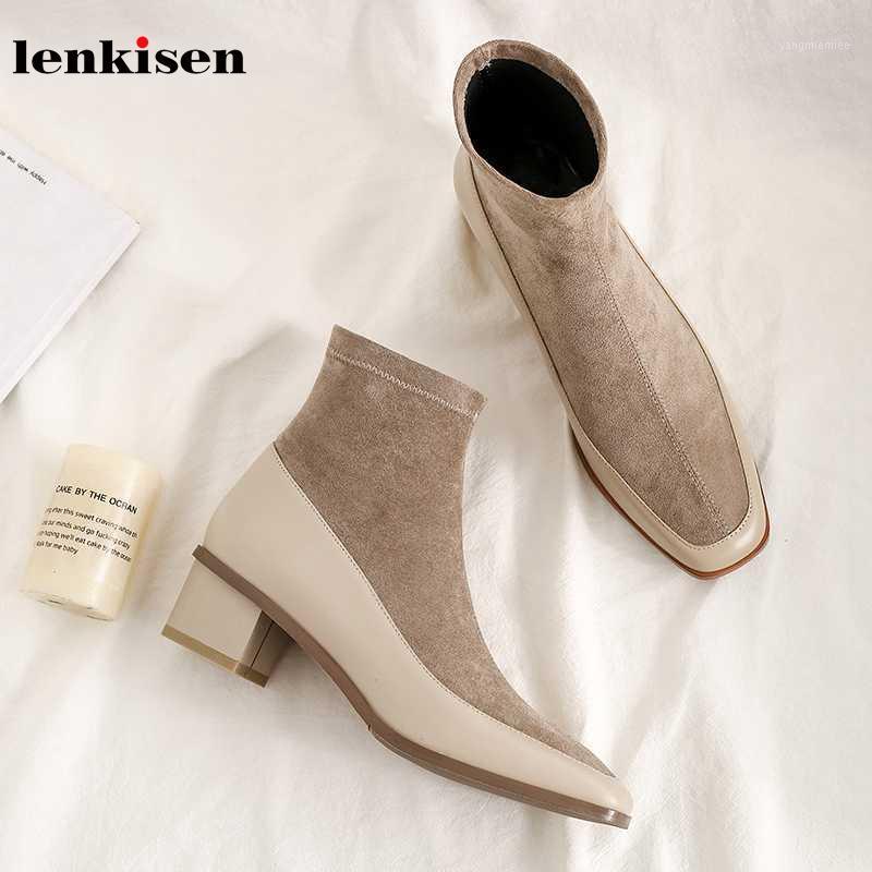 

Lenkisen genuine leather patchwork stretch flock square toe med heels simple style daily wear winter warm women ankle boots L071, Black