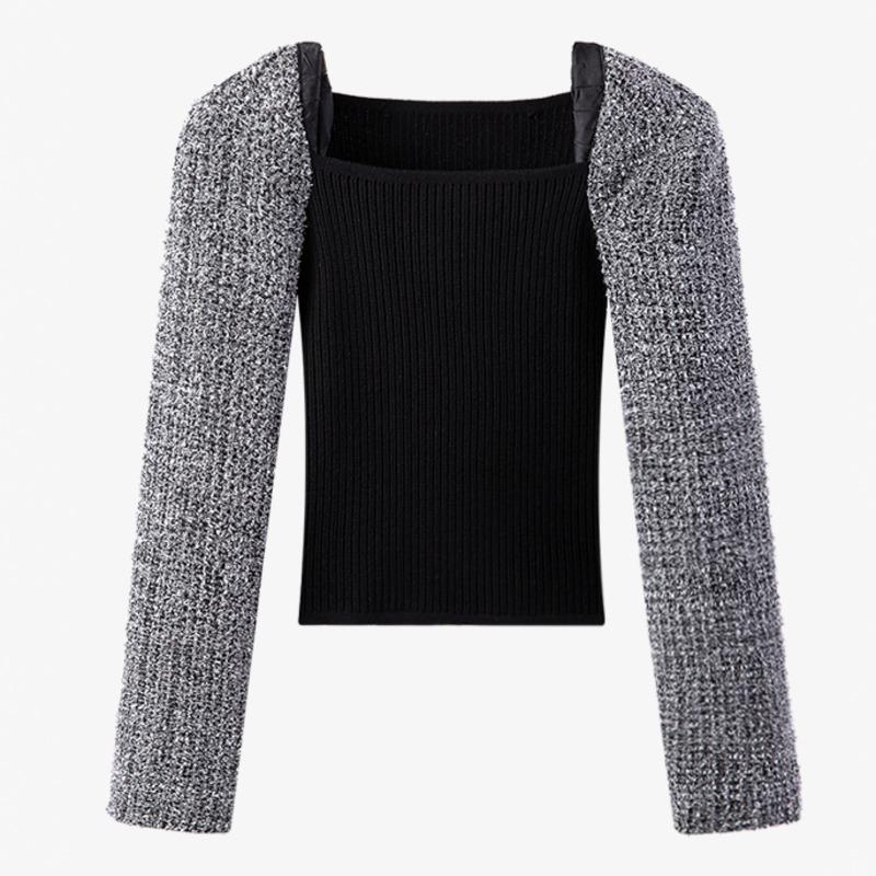 

SONDR Matching Vintage Knit Sweater Women 2021 New Spring Sweater Patchwork Square Collar Vintage Pullovers Women Color, Black