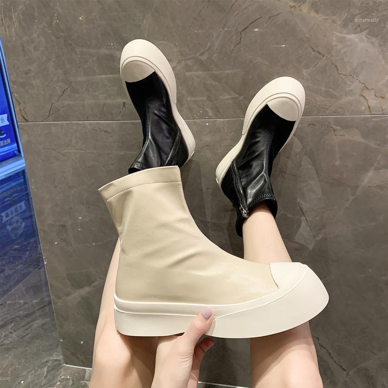 

Flat Heel White Shoes Elegant Woman Boots Booties Ladies Round Toe Boots-women Zipper Med Rubber Autumn 2020 Rock Ankle Lolita1