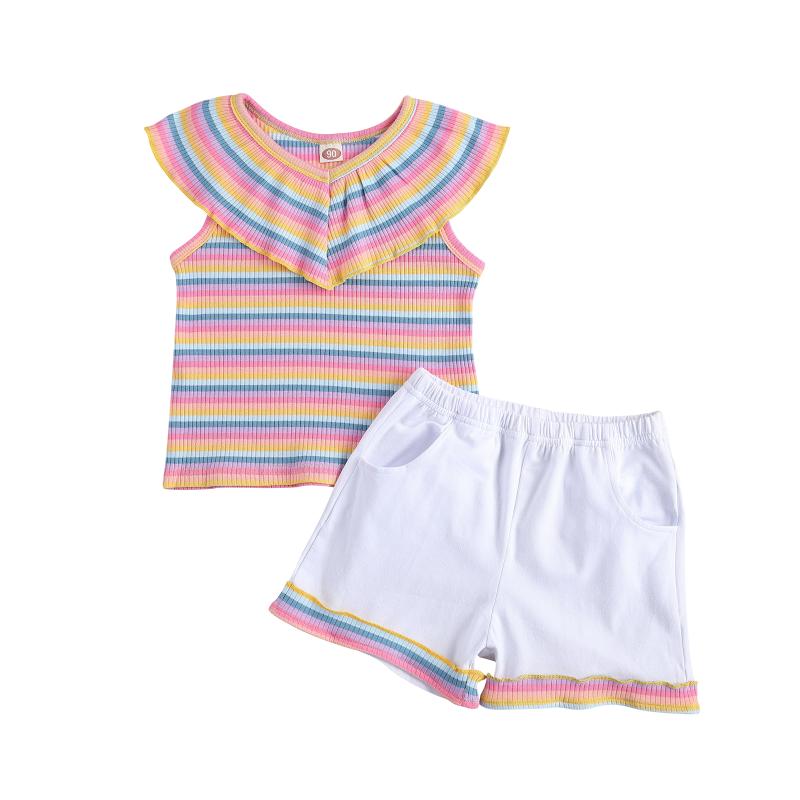 

2-7Y Summer Casual Kids Girls Clothes Sets Rainbow Striped Print Ruffles Sleeve T Shirts Shorts 2pcs, As pic