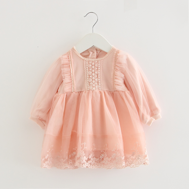 

2021 New Baby Girls Lace Tulle Embroidery Lantern Sleeve Party Princess Children Clothing for Toddler Kids 0-2y Izg0, Pink