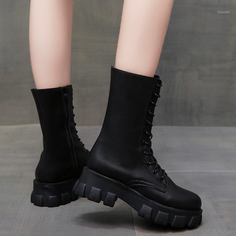 

2020 Winter Shoes Women Boots Platform Mid Calf Motorcyle Boots White Lace Up Riding Equestrian botas mujer 8257G1