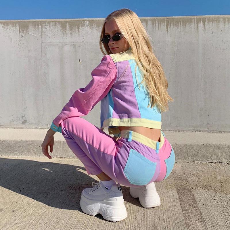 

Women 2 Pcs Patchwork Pink Cropped Jacket and Straight Pants High Waist Capris Y2K Long Sleeve Coats Overcoat Fashion Streetwear, Pants only