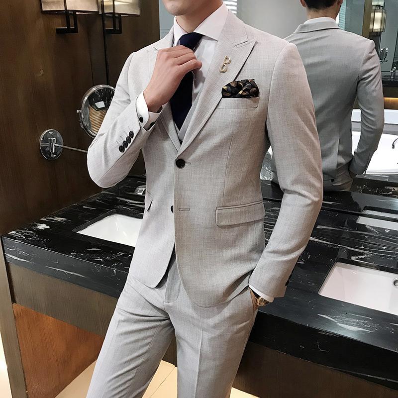 

Formal Wear Wedding Dress Suits High Quality Men Elastic Slim Suits Blazer Jackets+Pants+Vest Men Light Blue Casual, Beige