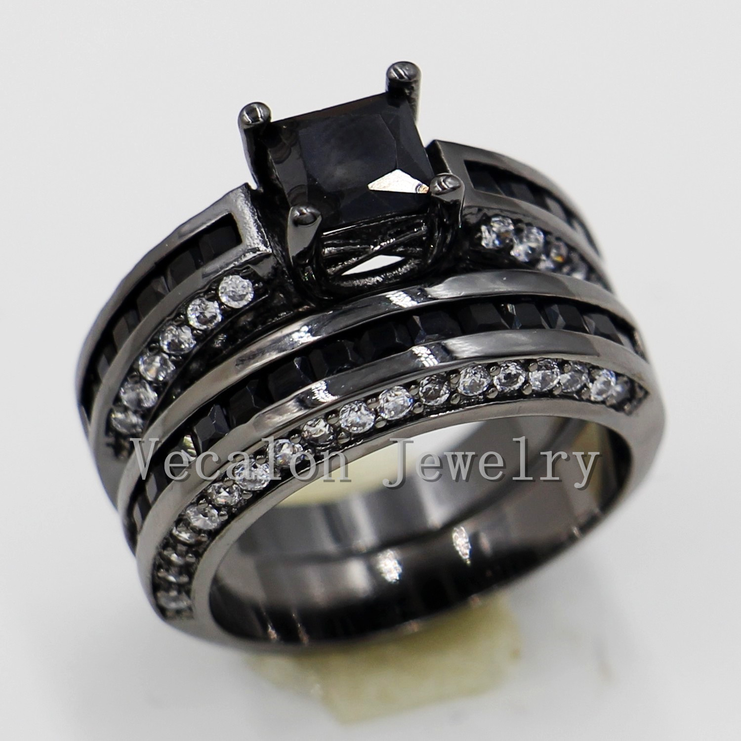 

Vecalon 2016 Brand New Wedding Band Ring Set for Women 2ct Black Cz diamond 10KT Black Gold Filled Female Engagement ring