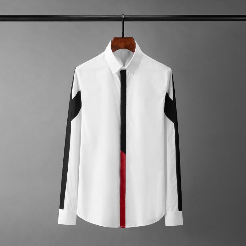 Men's Casual Shirts Brand Black White Contrast Stitching Long-sleeved Trend Handsome Slim Dress Shirt Social Party Men Clothing-image-747342120