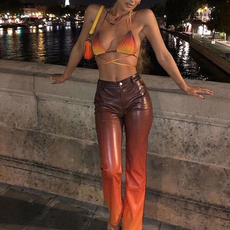 

Orange Gradient Punk Leather Leggings Indie Aesthetic High Waist Faux Pu Y2K Fashion Straight Leg Pants Vintage Skinny Joggers