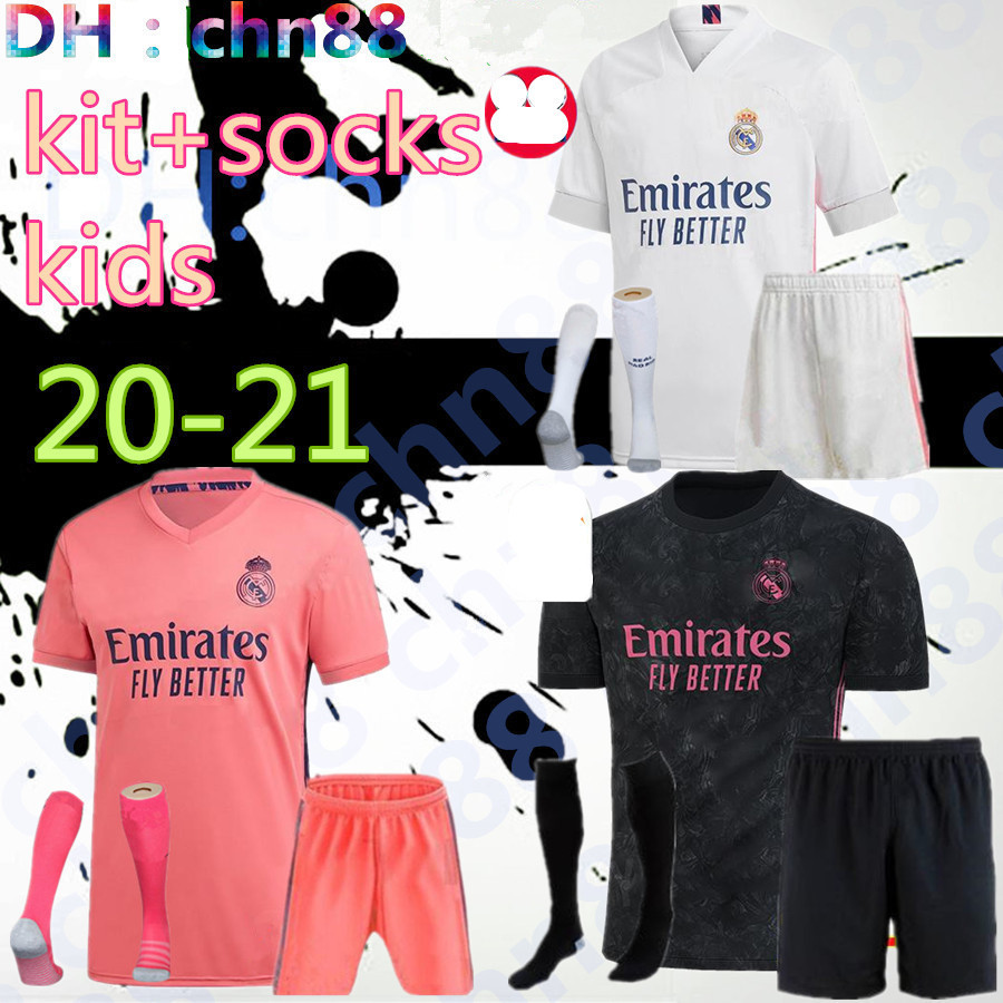 

2020 2021 REAL MADRID jerseys 20 21 soccer jersey HAZARD SERGIO RAMOS BENZEMA VINICIUS camiseta football shirt uniforms kids + socks sets