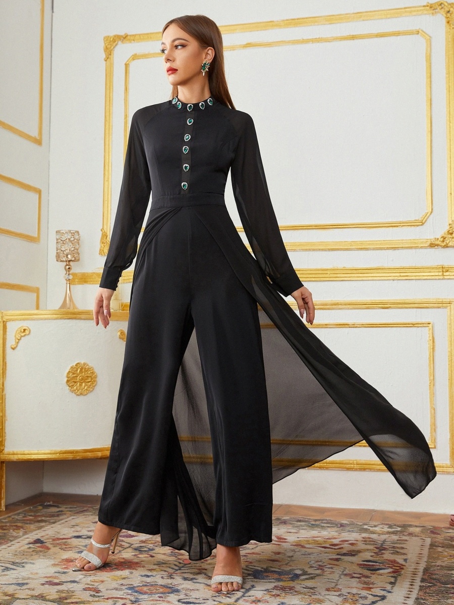 

Rhinestone Detail Jumpsuit With Skirt i8U2#, Black