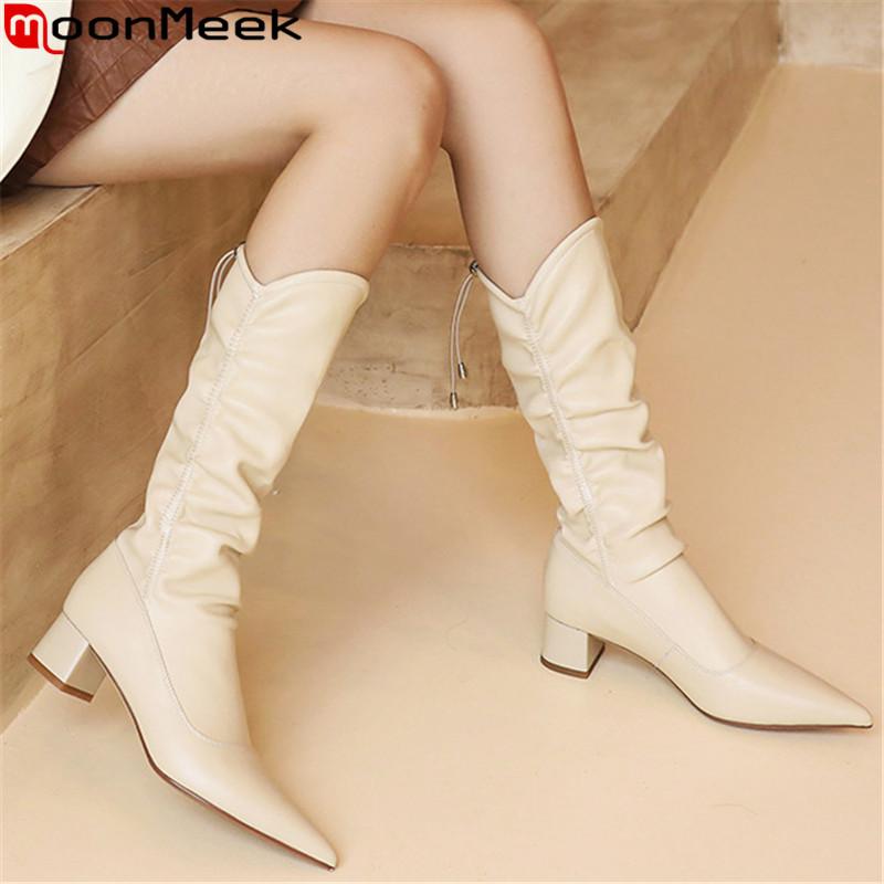 

MoonMeek 2020 New arrival women boots square heels pointed toe fashion fold ladies shoes winter solid color mid calf boots, Beige