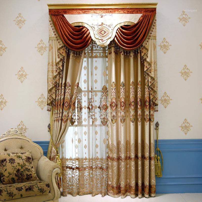 

European Embroidery Hot Gold Cotton Linea Modern Minimalist Shade Curtains for Living Dining Room Bedroom1, Tulle