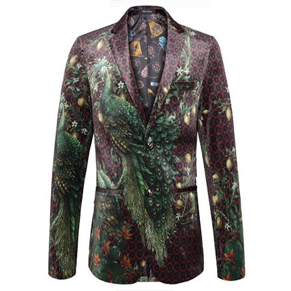 

Peacock Printed Men Blazers Casual Suit Jacket Slim Fit Homens Blazer Mens Stage Wear Brand Coat, Green