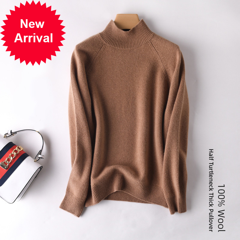 

2021 New 100% Half Turthleneck Raglan Wool Sleeve Pure Turtleneck High Soft Female Sweater Ppbr, Camel