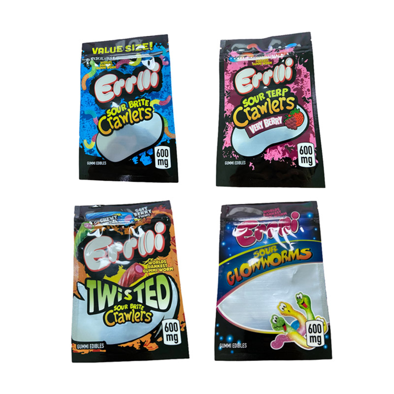 

Gummi edibles bag Errlli 600mg gummy candy bags Sour brite crawlers Sour terp crawlers Very berry Twisted Sour glowworms edibles packaging