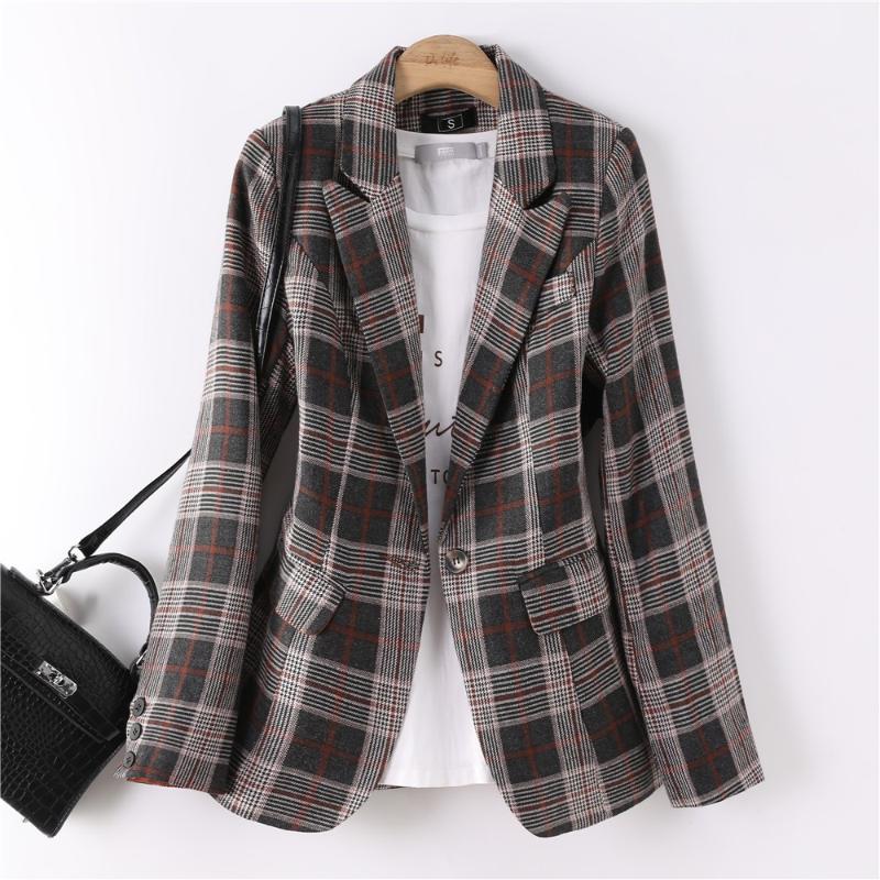 

Lauri Laki Fashion Autumn Women Plaid Blazers Jackets Work Office Lady Suit Slim Single Button Business Female Blazer Coat Retro, Blue